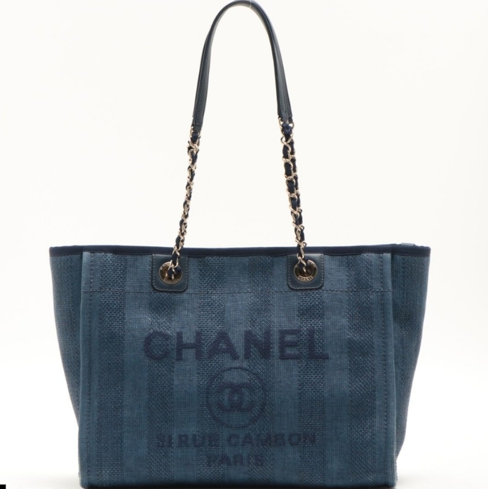 Chanel Mixed Fibers Striped Small Deauville Tote Navy Blue